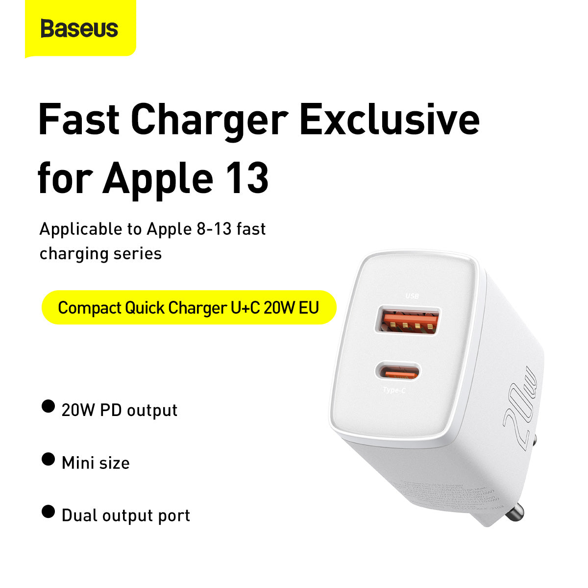 Baseus Compact Fast Charger with 1 USB-A and 1 USB Type-C 20W