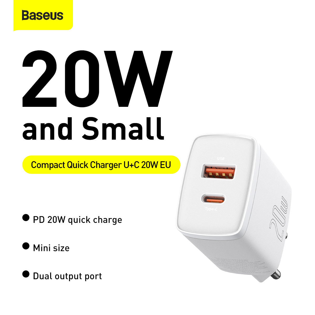 Baseus Compact Fast Charger with 1 USB-A and 1 USB Type-C 20W