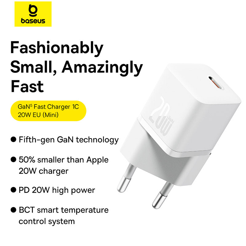 Baseus GaN5 Fast Charger(Mini) 1C 20W EU (With: Baseus Dynamic 3 Series Fast Charging Data Cable Type C to Type C 100W 1m