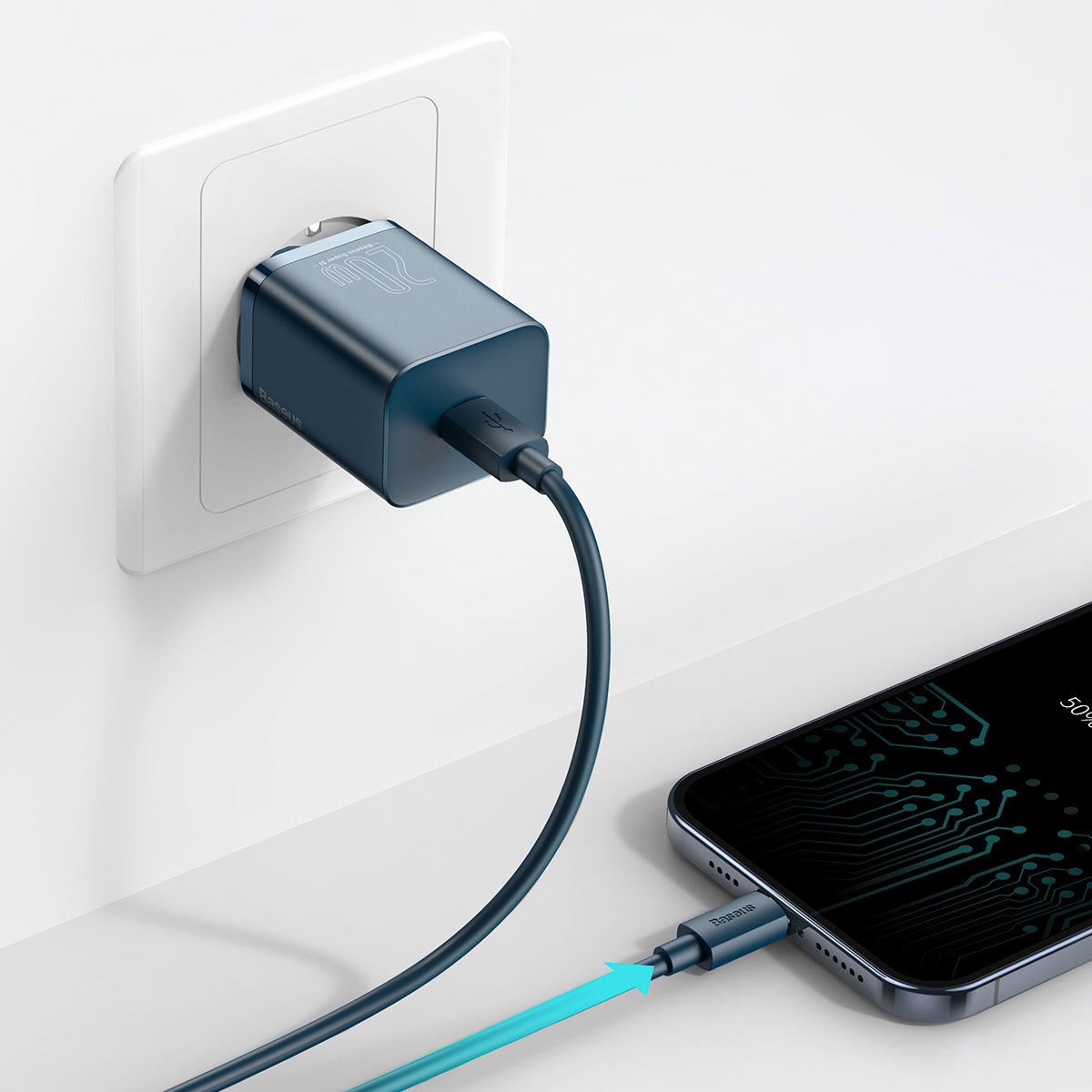 Baseus Super Si 20W Quick Charger and 1M Type C to iOS Cable - Blue