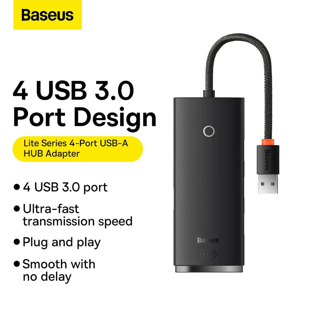 Baseus Lite Series 4-Port USB-A HUB Adapter (USB-A to USB-A 3.0 x4) - 25cm Black