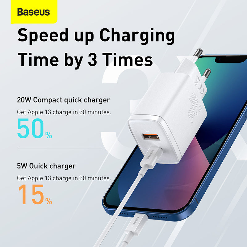 Baseus Compact Fast Charger with 1 USB-A and 1 USB Type-C 20W