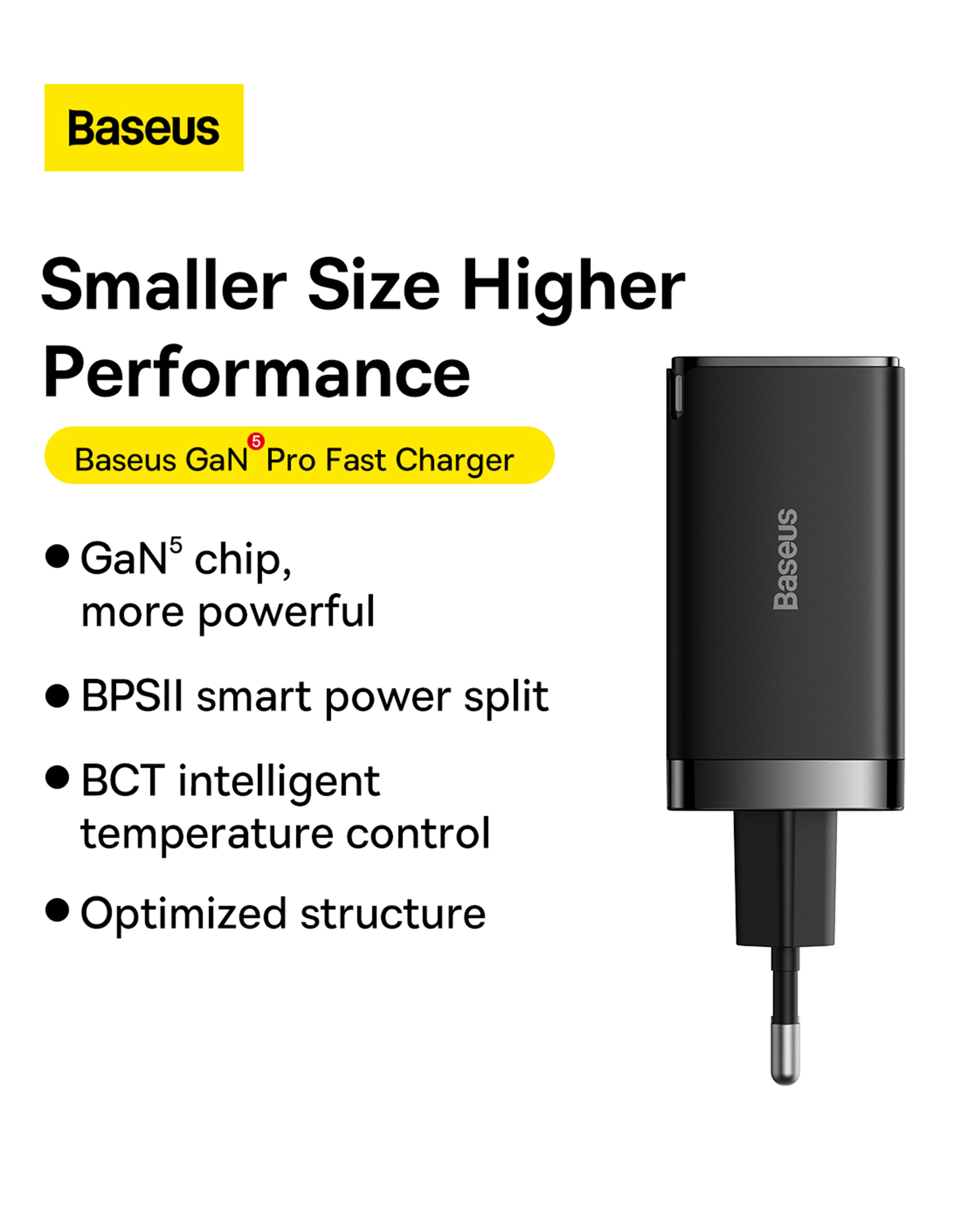 Baseus GaN5 Pro Fast Charger 2C+U 65W EU Adapter - Black