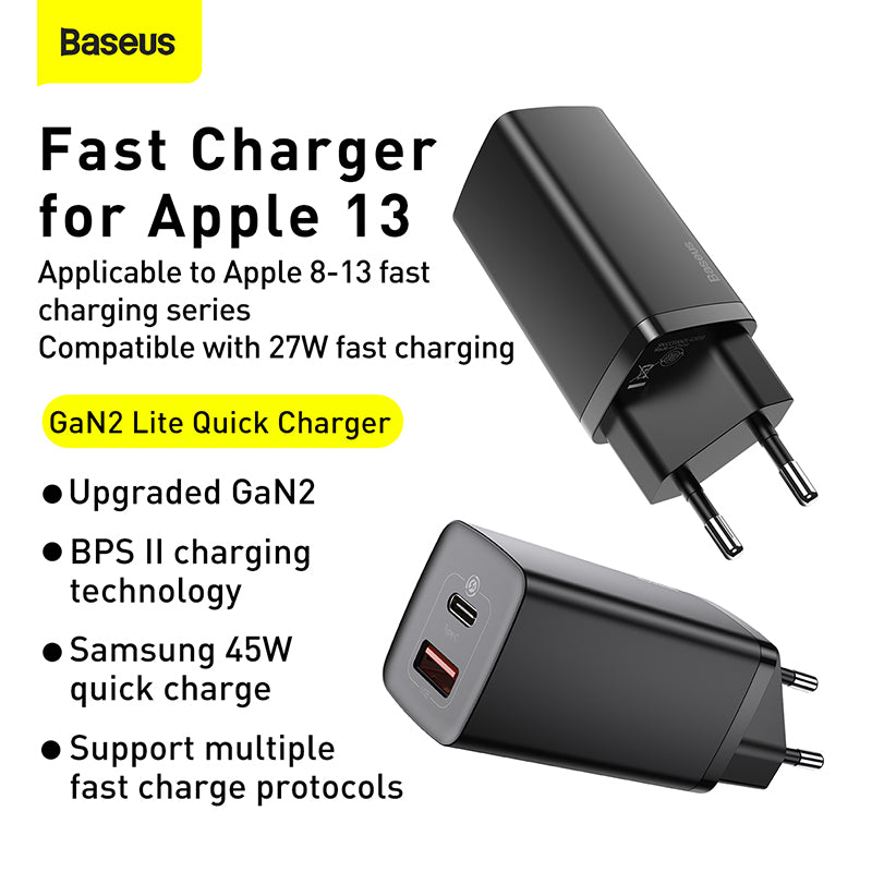 Baseus GaN2 Lite Quick Charger 65W Type-C & USB EU - Black